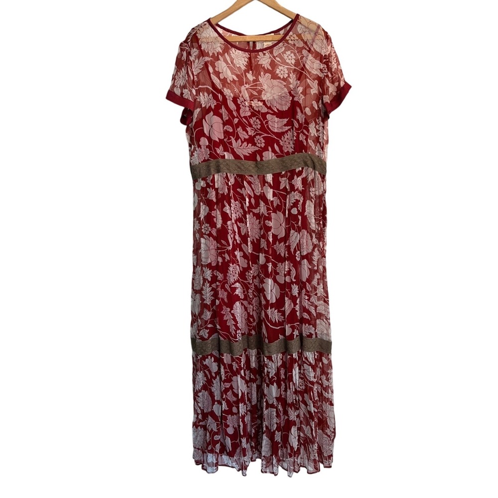 Sundance Red Floral Lace Trim‎ Tiered Maxi Dress 14 Boho Ethereal Prairie Flowy